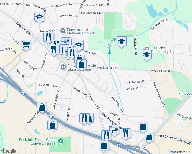 map of restaurants, bars, coffee shops, grocery stores, and more near 1045 South Main Street Northeast in Conyers