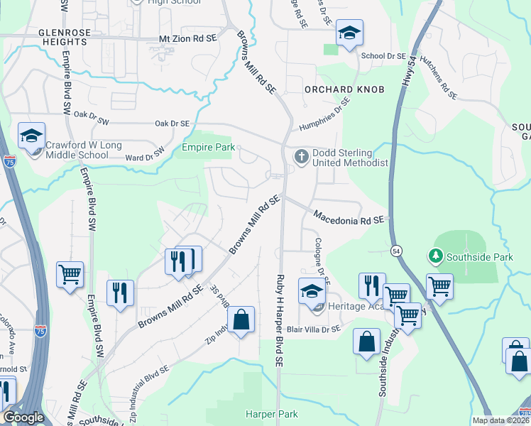 map of restaurants, bars, coffee shops, grocery stores, and more near 3317 Browns Mill Road Southeast in Atlanta