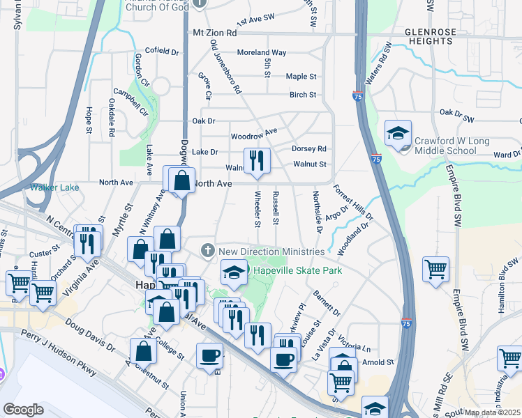 map of restaurants, bars, coffee shops, grocery stores, and more near 3292 Wheeler Street in Hapeville