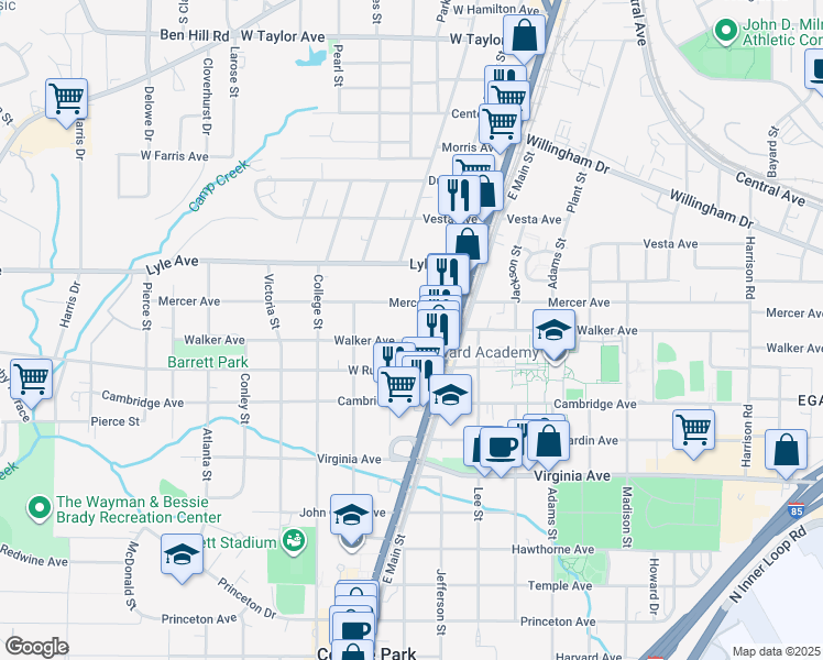 map of restaurants, bars, coffee shops, grocery stores, and more near 3349 Reed Street in College Park