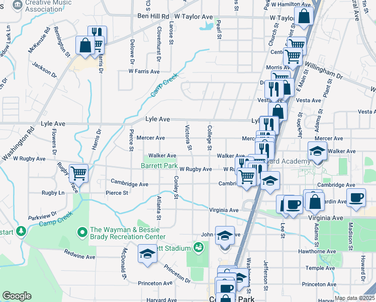map of restaurants, bars, coffee shops, grocery stores, and more near 1957 Walker Avenue in Atlanta