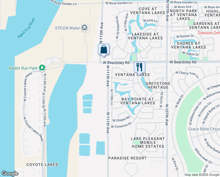 map of restaurants, bars, coffee shops, grocery stores, and more near 19980 North 111th Avenue in Sun City