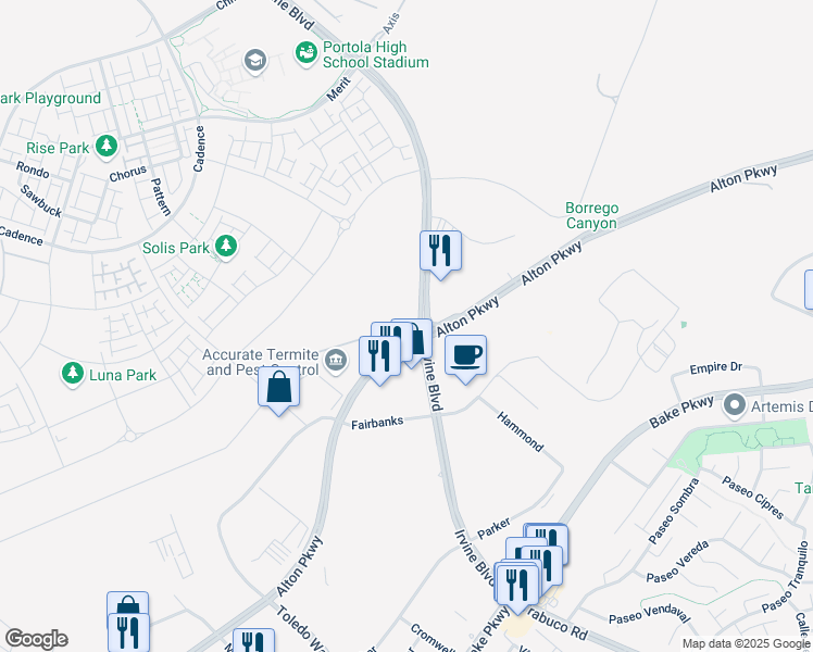 map of restaurants, bars, coffee shops, grocery stores, and more near 8510 Perimeter Road in Irvine
