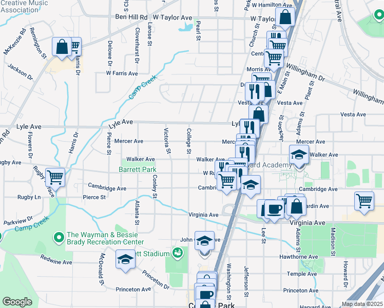 map of restaurants, bars, coffee shops, grocery stores, and more near 3366 College Street in College Park