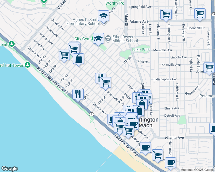 map of restaurants, bars, coffee shops, grocery stores, and more near 412 11th Street in Huntington Beach