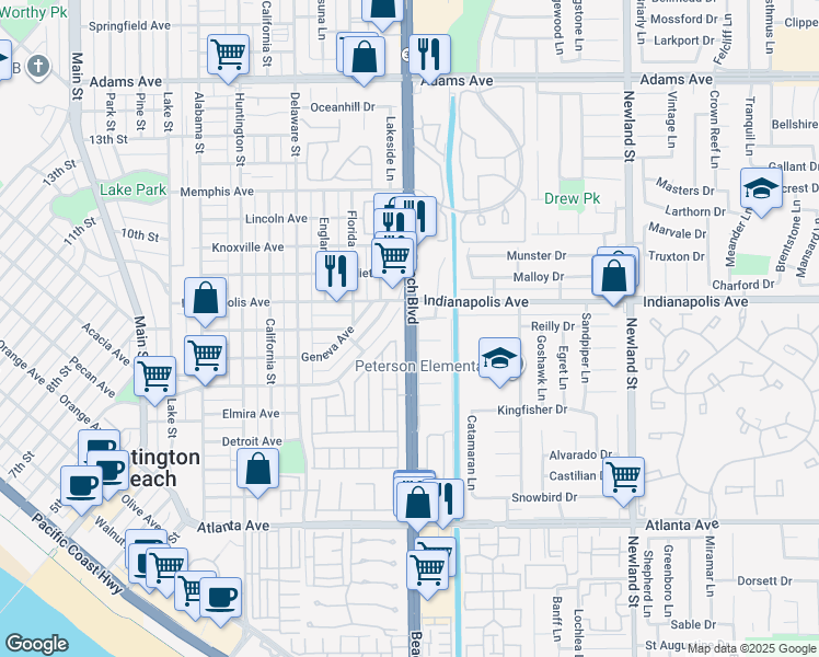 map of restaurants, bars, coffee shops, grocery stores, and more near 20701 Beach Boulevard in Huntington Beach