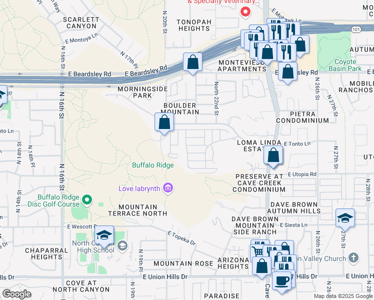 map of restaurants, bars, coffee shops, grocery stores, and more near Canyon in Phoenix