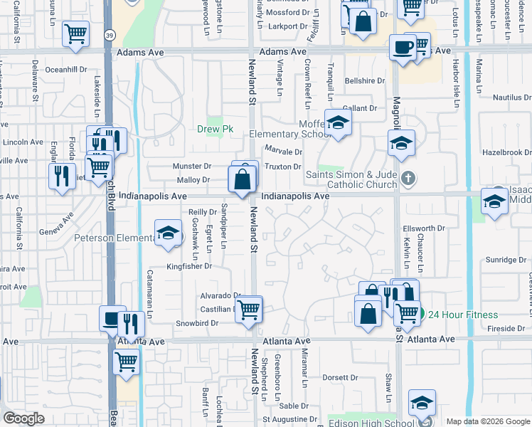 map of restaurants, bars, coffee shops, grocery stores, and more near in Huntington Beach