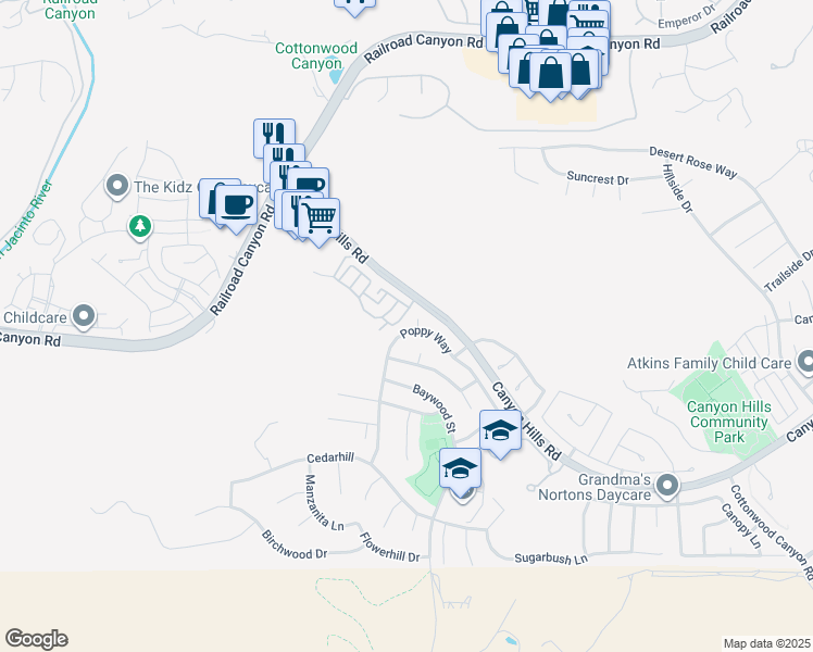 map of restaurants, bars, coffee shops, grocery stores, and more near 32026 Poppy Way in Lake Elsinore