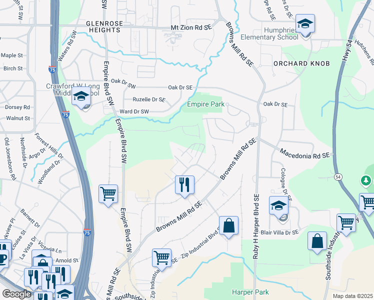 map of restaurants, bars, coffee shops, grocery stores, and more near Hamilton Court Southeast in Atlanta
