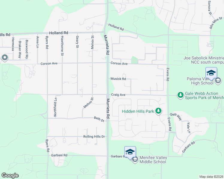 map of restaurants, bars, coffee shops, grocery stores, and more near 26065 Musick Road in Menifee
