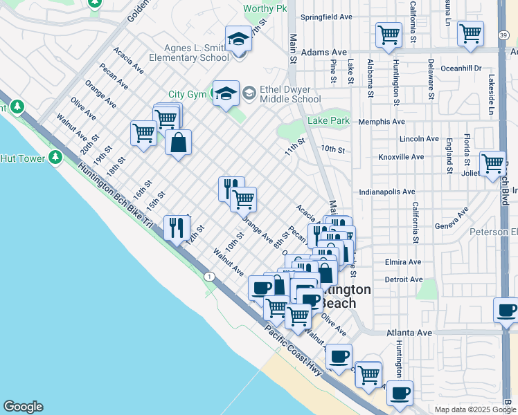 map of restaurants, bars, coffee shops, grocery stores, and more near 423 10th Street in Huntington Beach