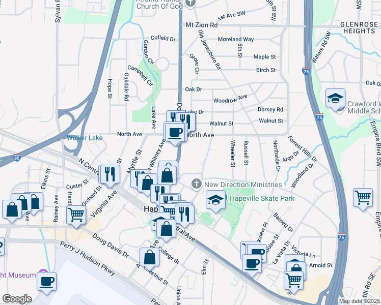 map of restaurants, bars, coffee shops, grocery stores, and more near 3302 Dogwood Drive in Hapeville