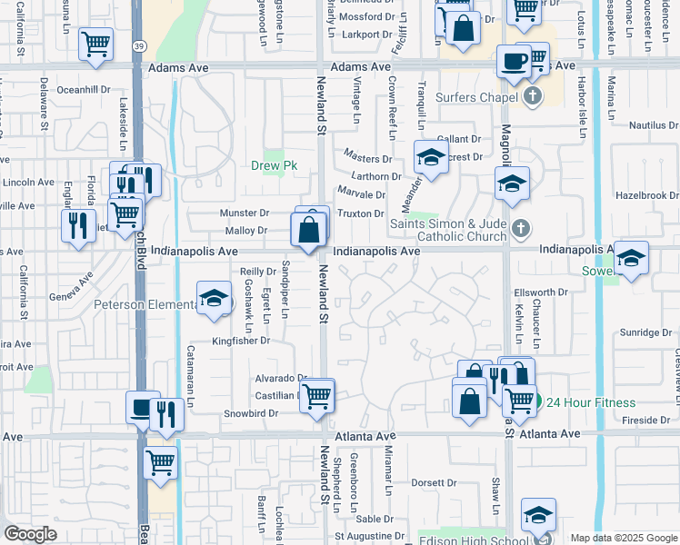 map of restaurants, bars, coffee shops, grocery stores, and more near 8565 Colusa Circle in Huntington Beach