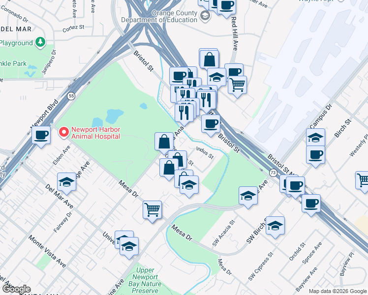 map of restaurants, bars, coffee shops, grocery stores, and more near 1572 Indus Street in Newport Beach