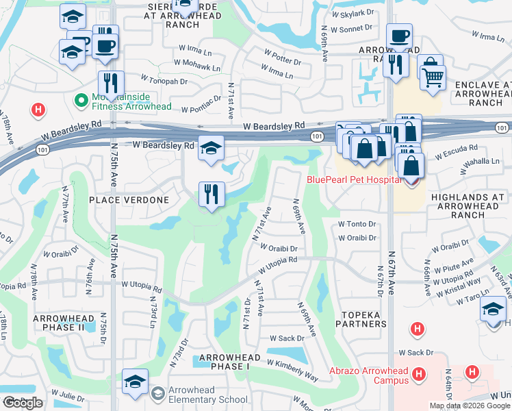 map of restaurants, bars, coffee shops, grocery stores, and more near 7116 West Behrend Drive in Glendale