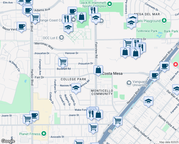 map of restaurants, bars, coffee shops, grocery stores, and more near 2532 Columbia Drive in Costa Mesa