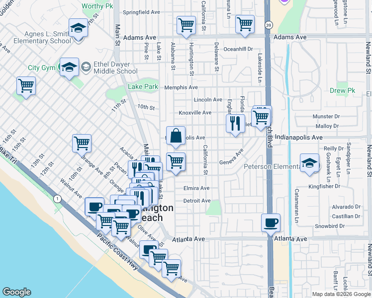 map of restaurants, bars, coffee shops, grocery stores, and more near 221 East Hartford Avenue in Huntington Beach