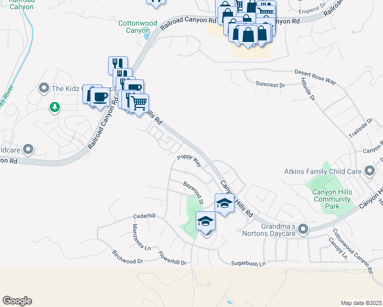 map of restaurants, bars, coffee shops, grocery stores, and more near 32040 Poppy Way in Lake Elsinore