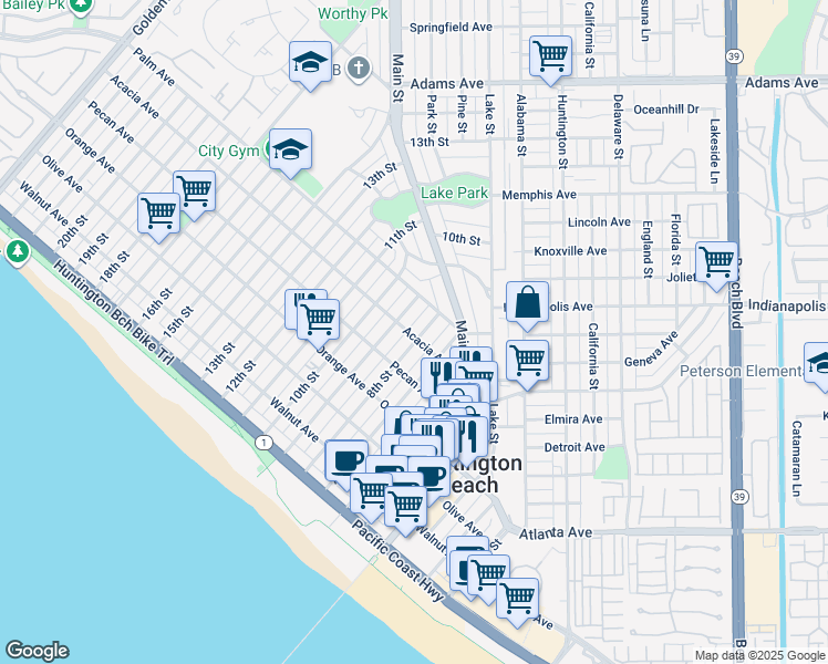 map of restaurants, bars, coffee shops, grocery stores, and more near 617 8th Street in Huntington Beach