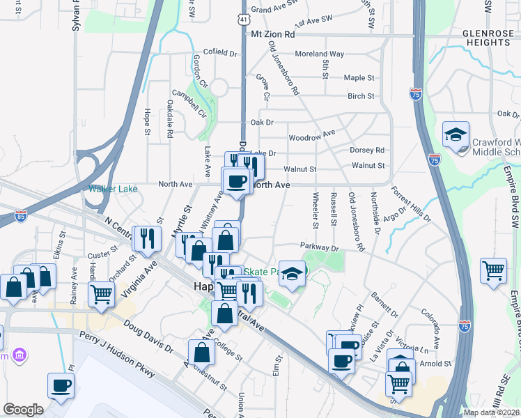 map of restaurants, bars, coffee shops, grocery stores, and more near 3300 Dogwood Drive in Hapeville