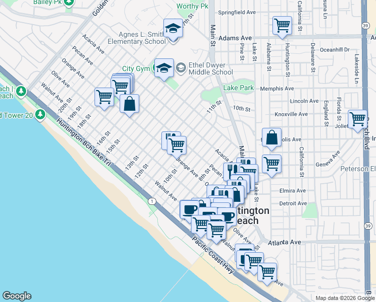 map of restaurants, bars, coffee shops, grocery stores, and more near 423 10th Street in Huntington Beach