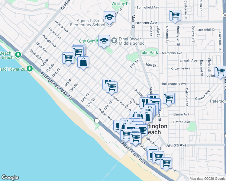 map of restaurants, bars, coffee shops, grocery stores, and more near 412 11th Street in Huntington Beach