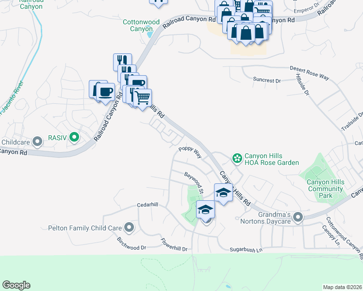 map of restaurants, bars, coffee shops, grocery stores, and more near 32026 Poppy Way in Lake Elsinore