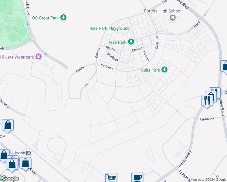 map of restaurants, bars, coffee shops, grocery stores, and more near 111 Merit in Irvine