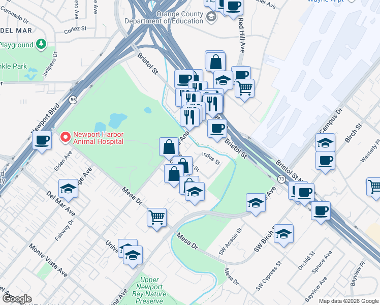 map of restaurants, bars, coffee shops, grocery stores, and more near 1572 Indus Street in Newport Beach