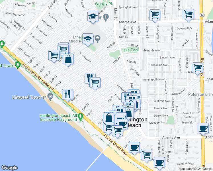 map of restaurants, bars, coffee shops, grocery stores, and more near 504 10th Street in Huntington Beach