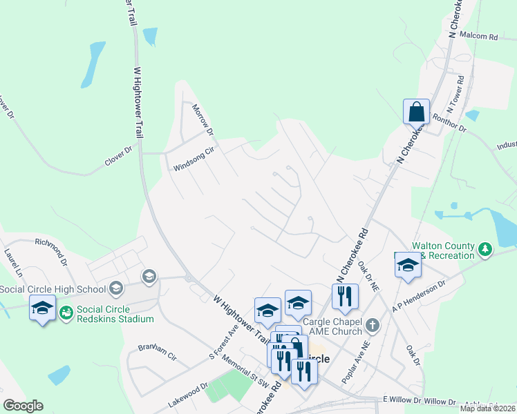 map of restaurants, bars, coffee shops, grocery stores, and more near 859 Crossroads Court in Social Circle