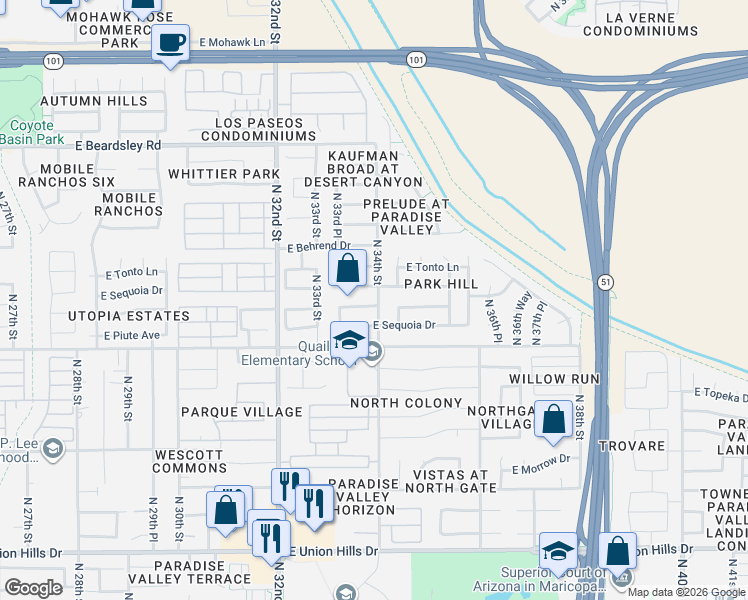 map of restaurants, bars, coffee shops, grocery stores, and more near 3359 East Oraibi Drive in Phoenix