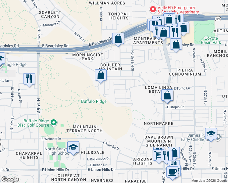map of restaurants, bars, coffee shops, grocery stores, and more near Canyon in Phoenix