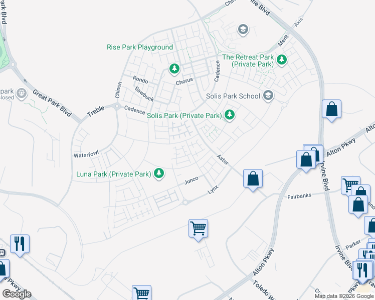 map of restaurants, bars, coffee shops, grocery stores, and more near Z Street in Irvine
