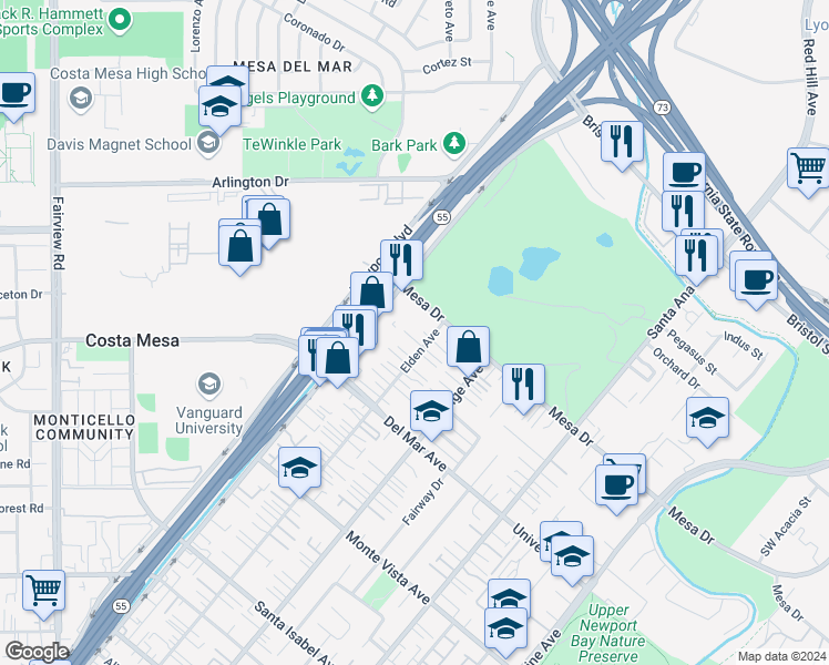 map of restaurants, bars, coffee shops, grocery stores, and more near 120 Lisa Lane in Costa Mesa