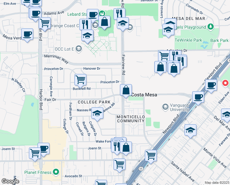 map of restaurants, bars, coffee shops, grocery stores, and more near 2532 Columbia Drive in Costa Mesa