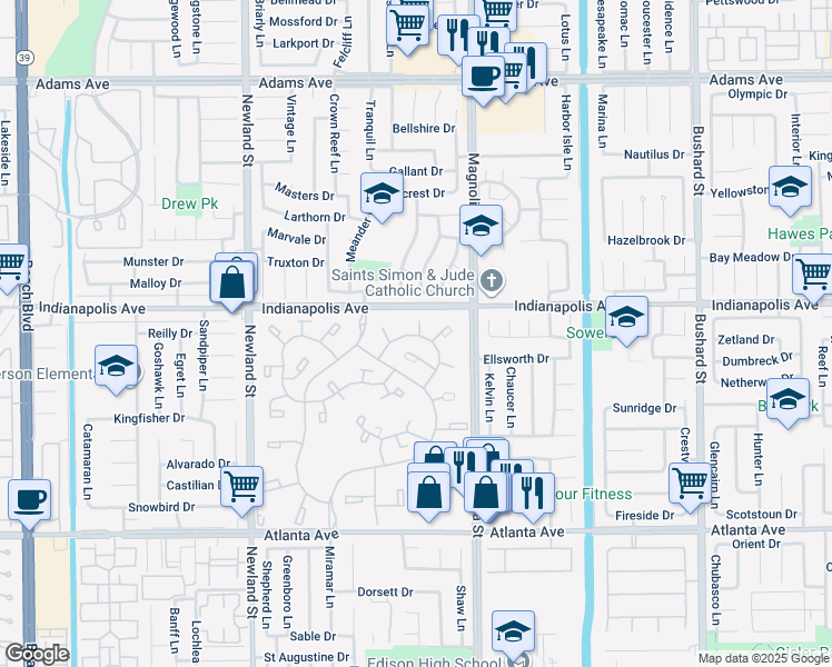 map of restaurants, bars, coffee shops, grocery stores, and more near 8885 Modoc Circle in Huntington Beach