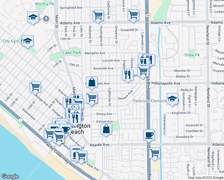 map of restaurants, bars, coffee shops, grocery stores, and more near 807 Delaware Street in Huntington Beach