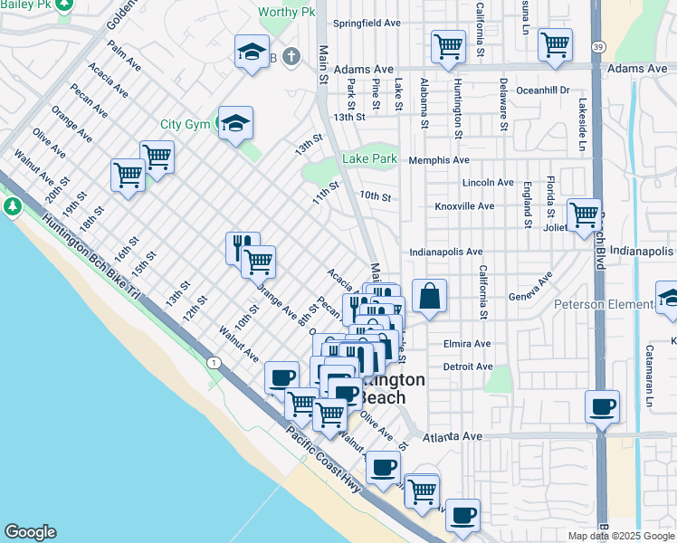 map of restaurants, bars, coffee shops, grocery stores, and more near 617 8th Street in Huntington Beach