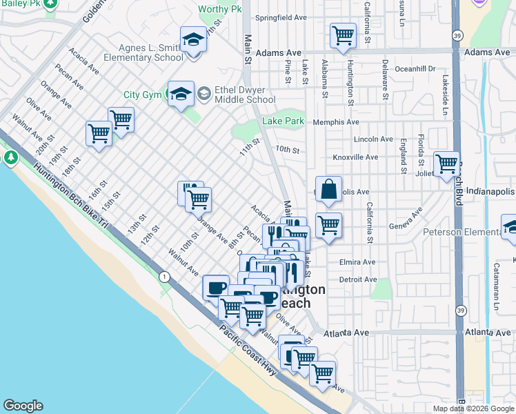 map of restaurants, bars, coffee shops, grocery stores, and more near 617 8th Street in Huntington Beach