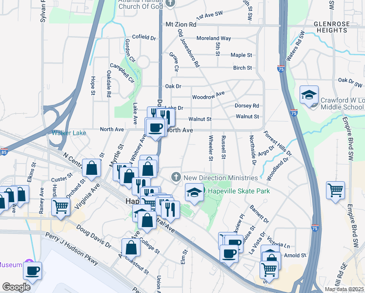 map of restaurants, bars, coffee shops, grocery stores, and more near 3233 North Fulton Avenue in Atlanta