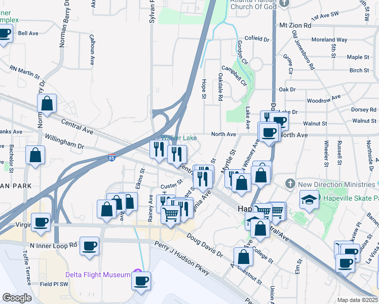 map of restaurants, bars, coffee shops, grocery stores, and more near 3319 Stillwood Lane in Hapeville