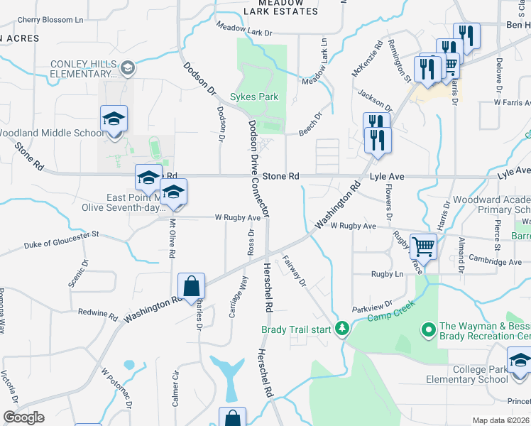 map of restaurants, bars, coffee shops, grocery stores, and more near 2535 West Rugby Avenue in East Point