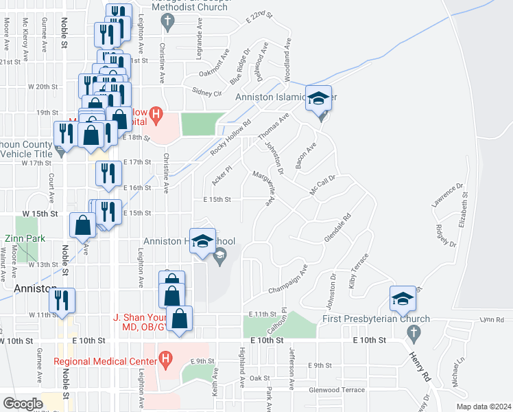 map of restaurants, bars, coffee shops, grocery stores, and more near 815 East 15th Street in Anniston