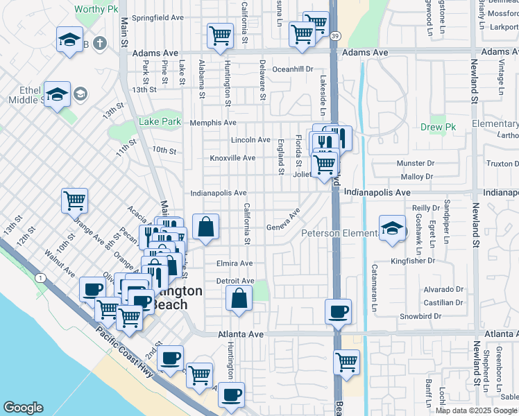 map of restaurants, bars, coffee shops, grocery stores, and more near 415 Hartford Avenue in Huntington Beach
