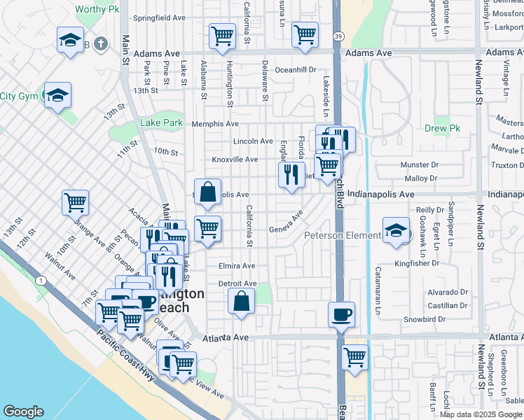 map of restaurants, bars, coffee shops, grocery stores, and more near 415 Hartford Avenue in Huntington Beach