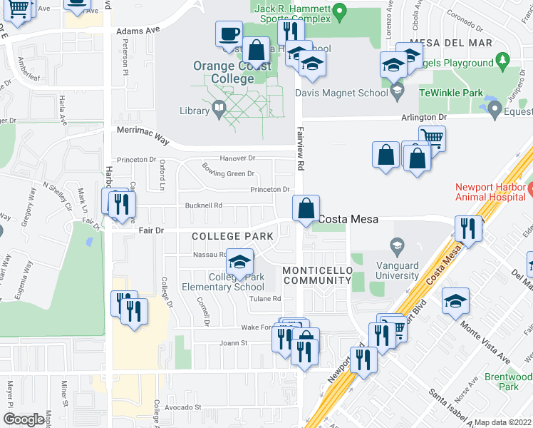 map of restaurants, bars, coffee shops, grocery stores, and more near 2524 Littleton Place in Costa Mesa