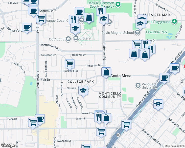 map of restaurants, bars, coffee shops, grocery stores, and more near 2524 Littleton Place in Costa Mesa