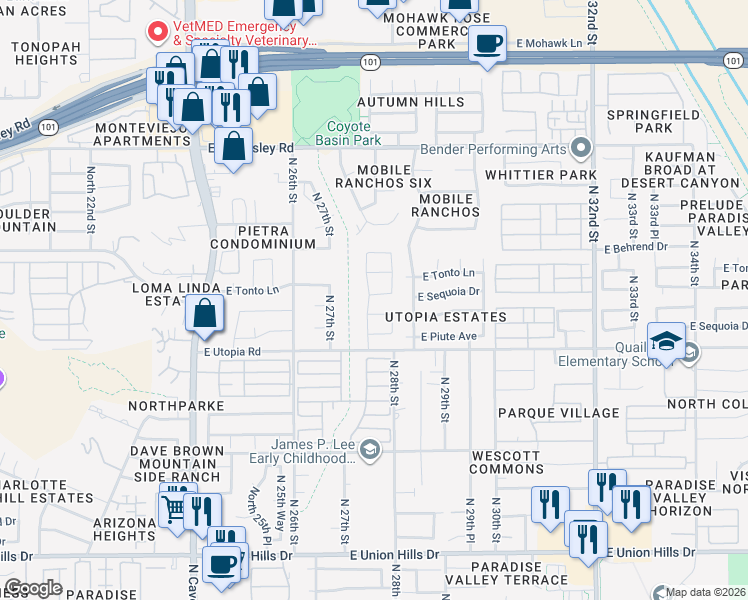 map of restaurants, bars, coffee shops, grocery stores, and more near 2744 E Utopia Rd in Paradise Valley